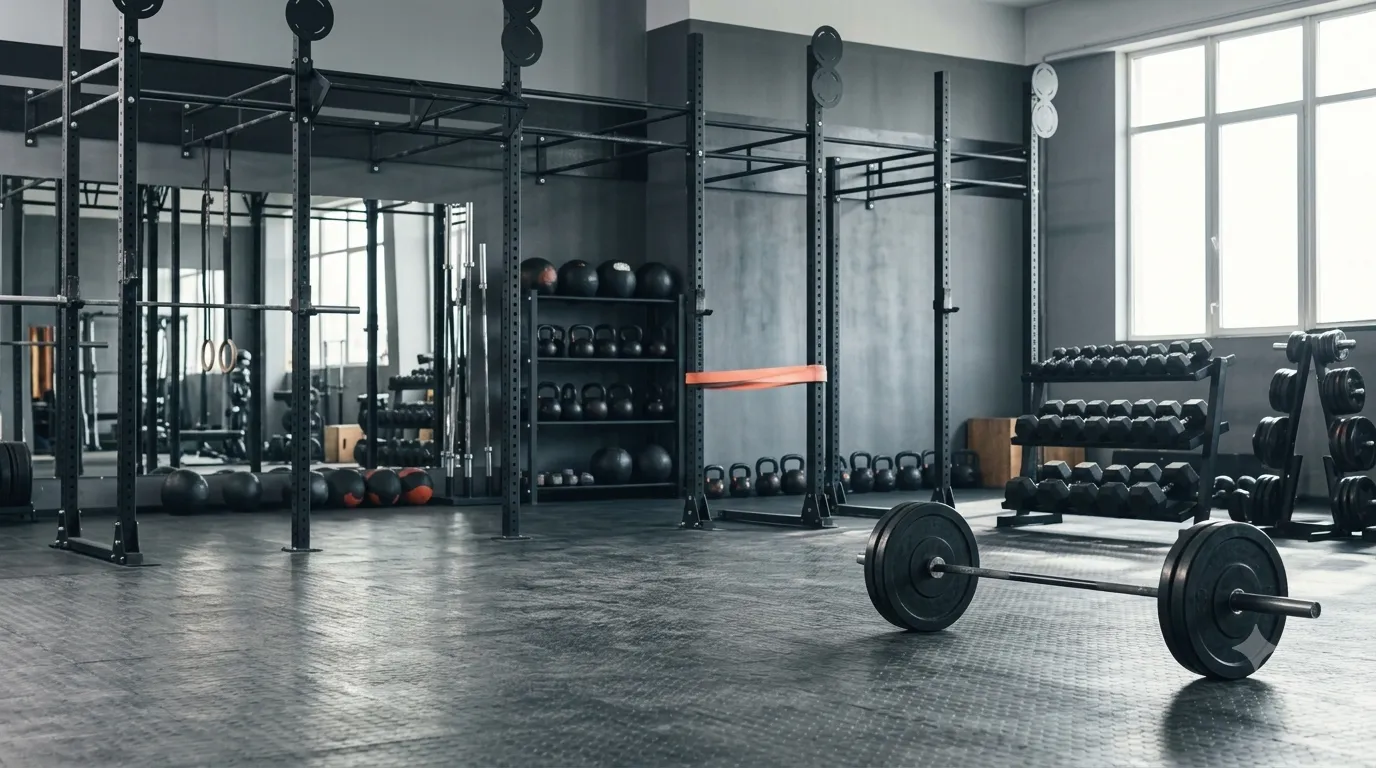 Barra cargada con discos en un gimnasio de entrenamiento de fuerza
