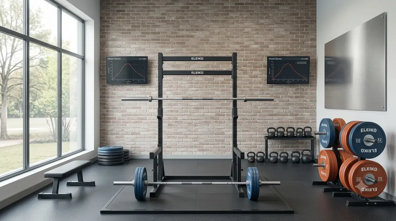 Rack de sentadilla con barra cargada y discos en una sala de powerlifting
